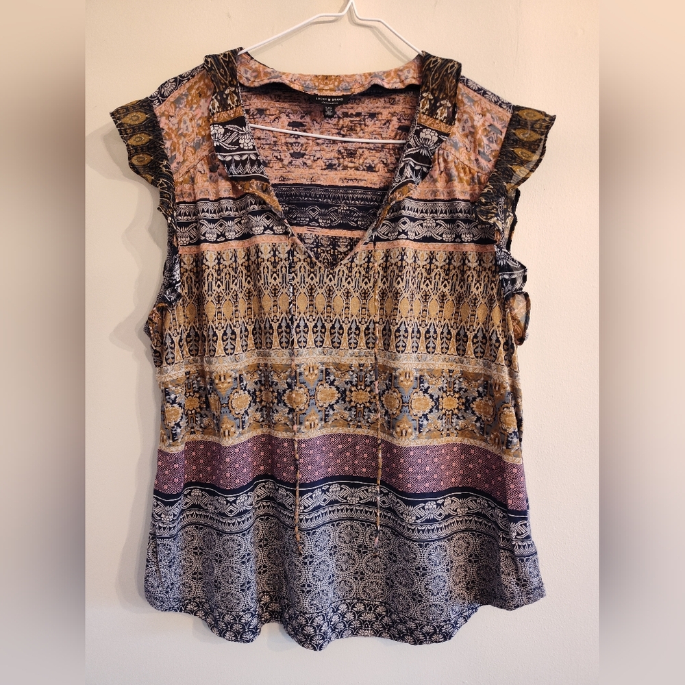 Lucky Brand Navy Blue Patterned Blouse Top Flutter Sleeve Boho Breezy Flowy
